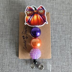 Pumpkin Orange Purple Leopard Bow Beaded Retractable Name Badge ID Reel Holder